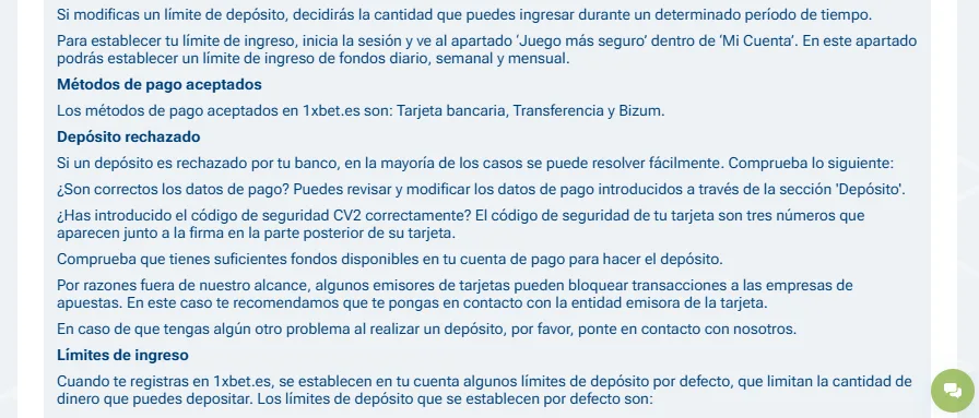 Formas de depósito disponibles en 1xBet
