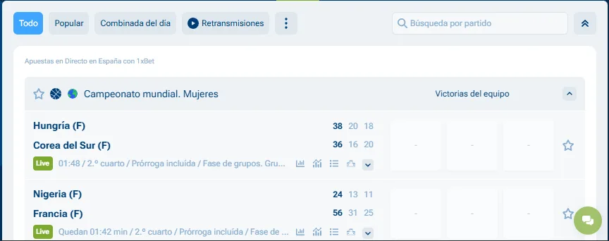 1xBet LIVE mercados en tiempo real móvil