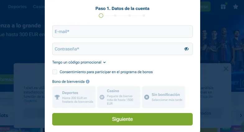 Registro móvil 1xBet con verificación DNI