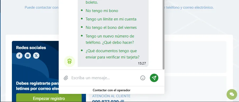 Soporte técnico en chat 1xBet